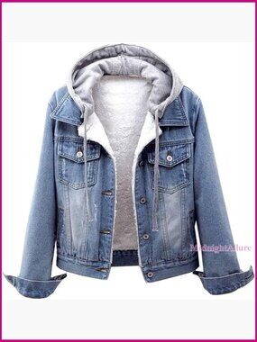Women's Sherpa Lined Denim Jacket with Detachable Hood, Faux Fur Fleece